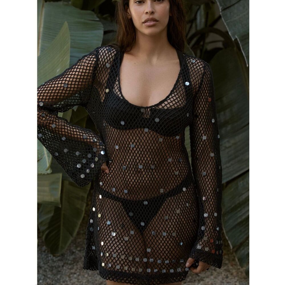 Celandine Black Sequin Fishnet Mini Dress Cover-Up Size M NWT Anthropologie - Picture 2 of 11